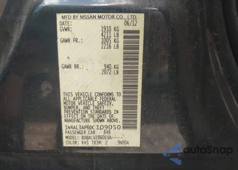 2013 Nissan Altima 2.5 Sl z USA, uszkodzony, nr VIN 1N4AL3AP6DC109050